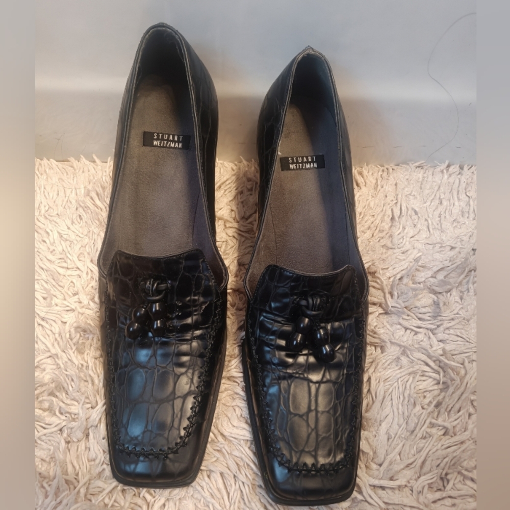 Stuart Weitzman Black Croc Embossed Heeled Loafers Size 8